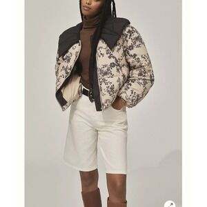 Anthropologie Puffer Jacket Womens XXS Beige Floral Print Quilted Coat Peter Pan